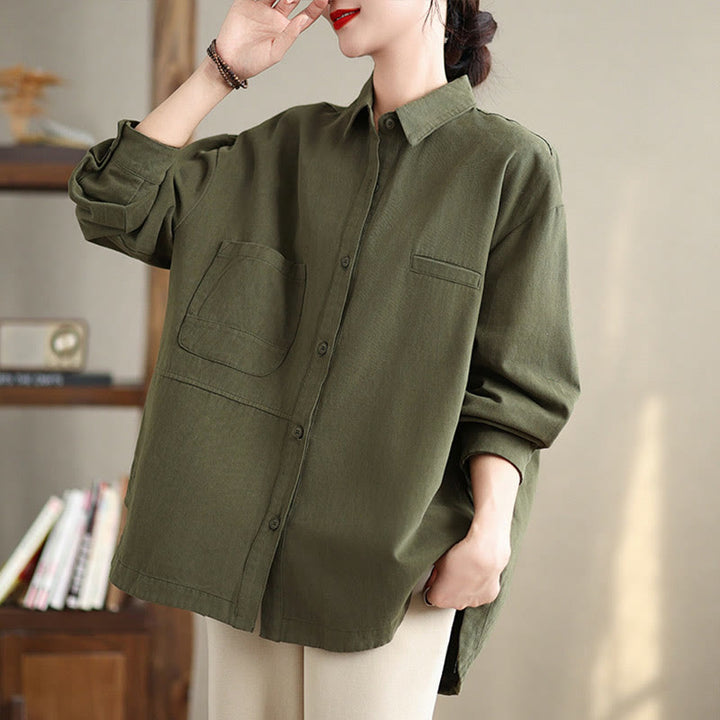 Camicia da donna in cotone a maniche lunghe, casual e semplice, con tasche, Buddha Stones - image 4