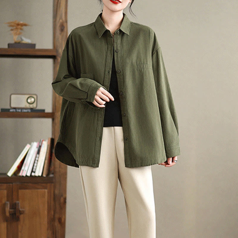 Camicia da donna in cotone a maniche lunghe, casual e semplice, con tasche, Buddha Stones - image 1