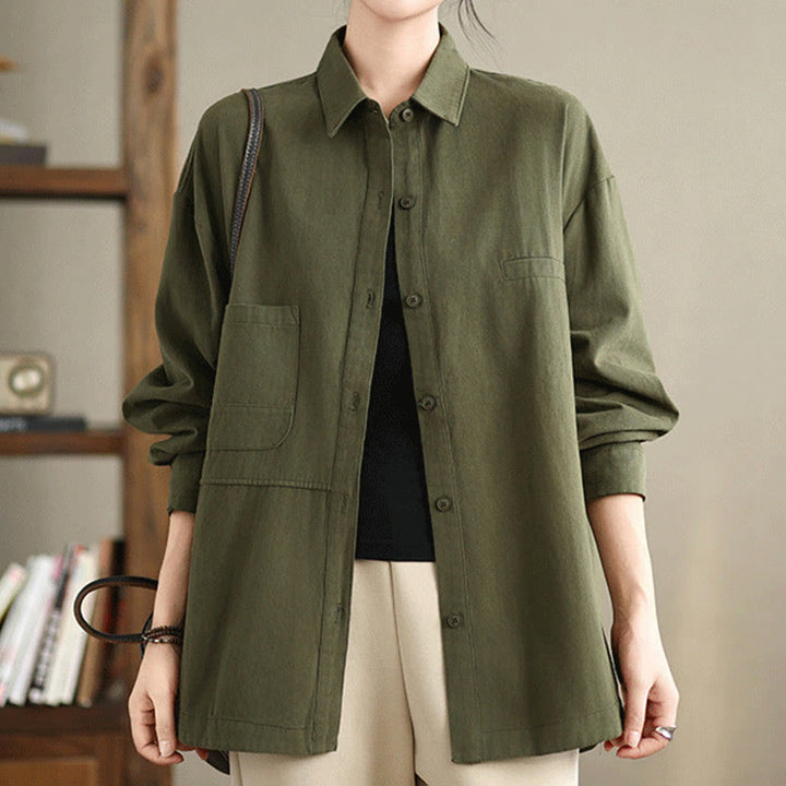 Camicia da donna in cotone a maniche lunghe, casual e semplice, con tasche, Buddha Stones - Verde oliva scuro - US14, UK/AU18, EU46 (2XL) - image 0