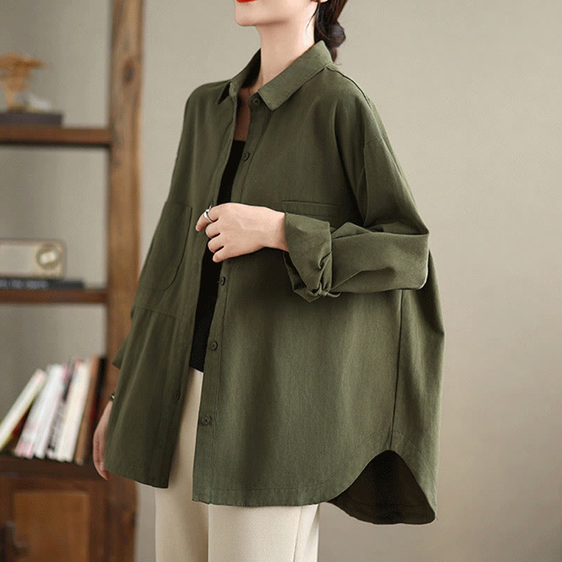 Camicia da donna in cotone a maniche lunghe, casual e semplice, con tasche, Buddha Stones - image 3