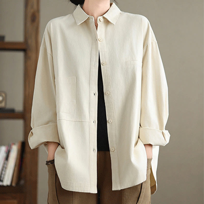 Camicia da donna in cotone a maniche lunghe, casual e semplice, con tasche, Buddha Stones - Beige - US14, UK/AU18, EU46 (2XL) - image 6