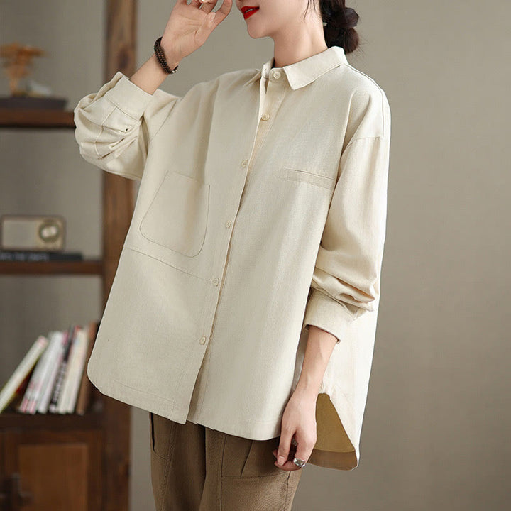 Camicia da donna in cotone a maniche lunghe, casual e semplice, con tasche, Buddha Stones - image 9
