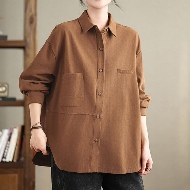 Camicia da donna in cotone a maniche lunghe, casual e semplice, con tasche, Buddha Stones - image 15