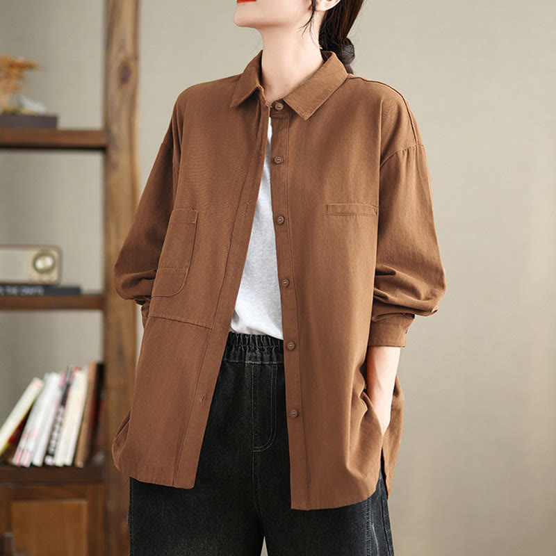 Camicia da donna in cotone a maniche lunghe, casual e semplice, con tasche, Buddha Stones - image 17
