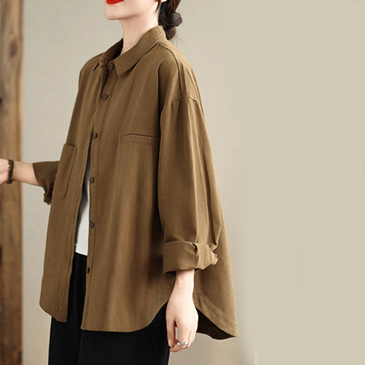Camicia da donna in cotone a maniche lunghe, casual e semplice, con tasche, Buddha Stones - image 24