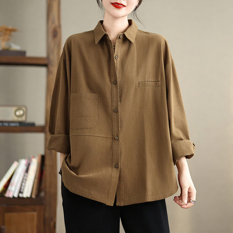 Camicia da donna in cotone a maniche lunghe, casual e semplice, con tasche, Buddha Stones - image 23