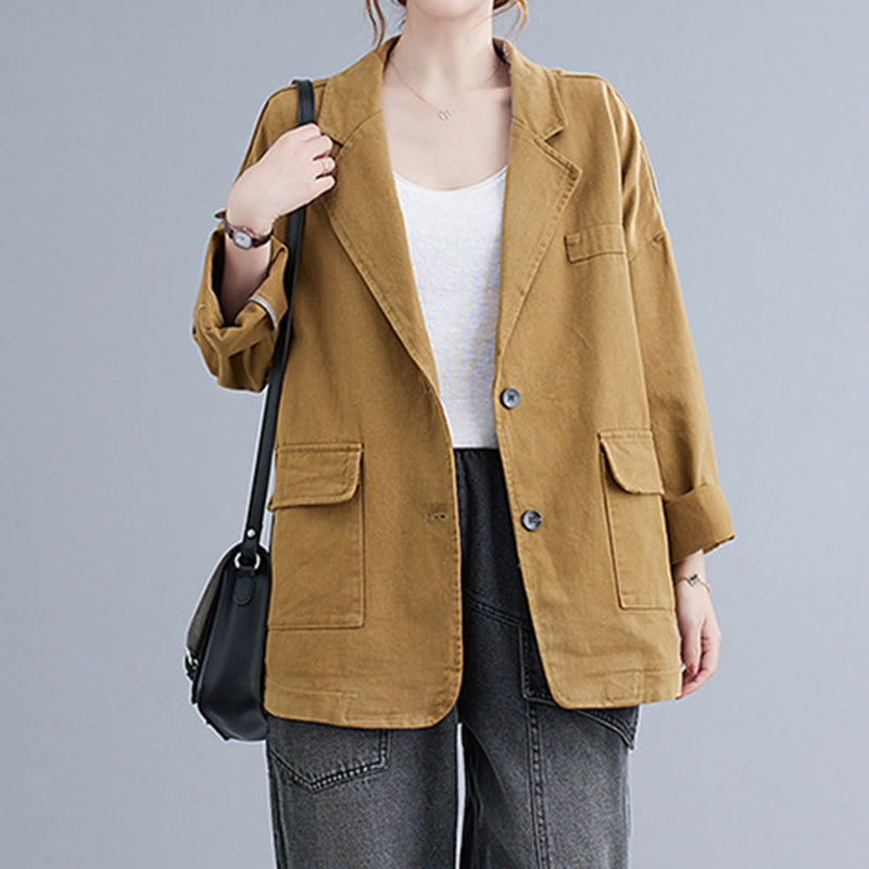 Giacca blazer in cotone a maniche lunghe con tasche, tinta unita, da donna, con Buddha Stones - image 5