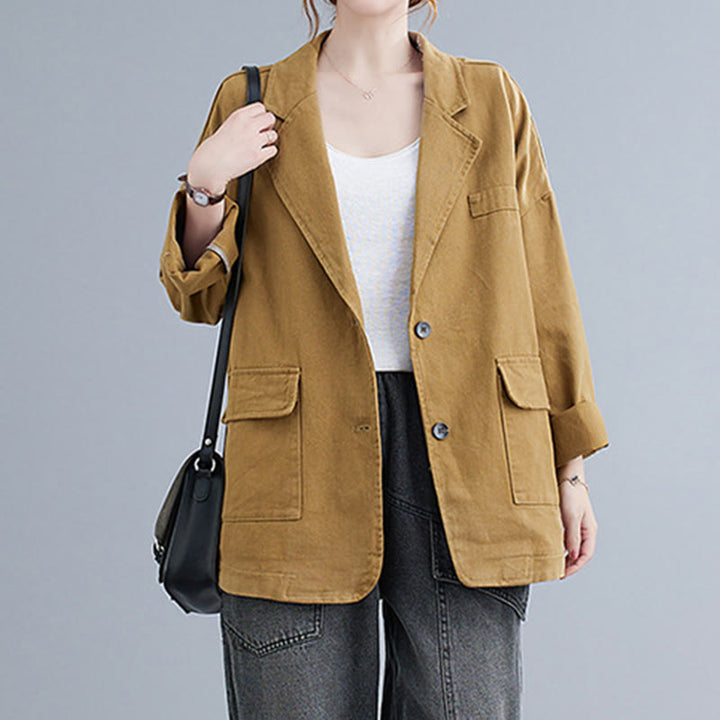 Giacca blazer in cotone a maniche lunghe con tasche, tinta unita, da donna, con Buddha Stones - image 5