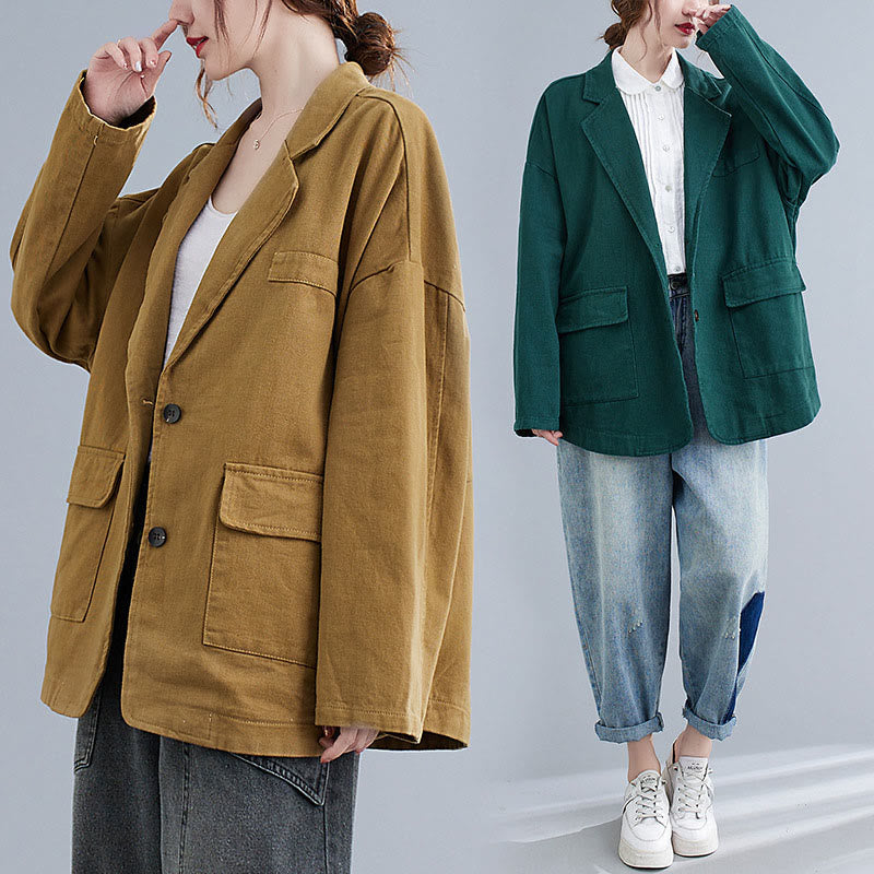 Giacca blazer in cotone a maniche lunghe con tasche, tinta unita, da donna, con Buddha Stones - image 21