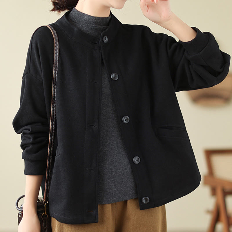 Giacca da donna in cotone a maniche lunghe con tasche e motivo Buddha Stones tinta unita - Nero - US14, UK/AU18, EU46 (2XL) - image 0