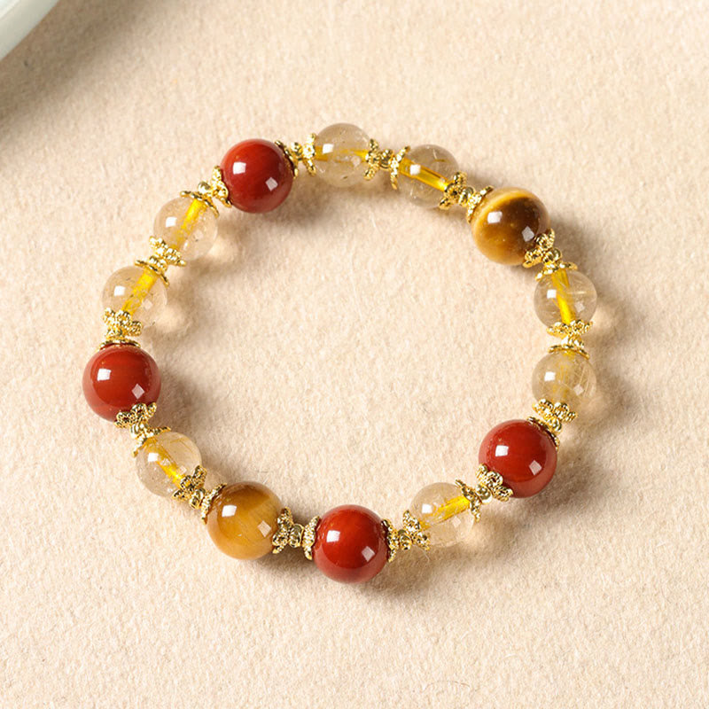 Bracciale della ricchezza con perle di occhio di tigre, quarzo rutilato dorato naturale Buddha Stones - image 2