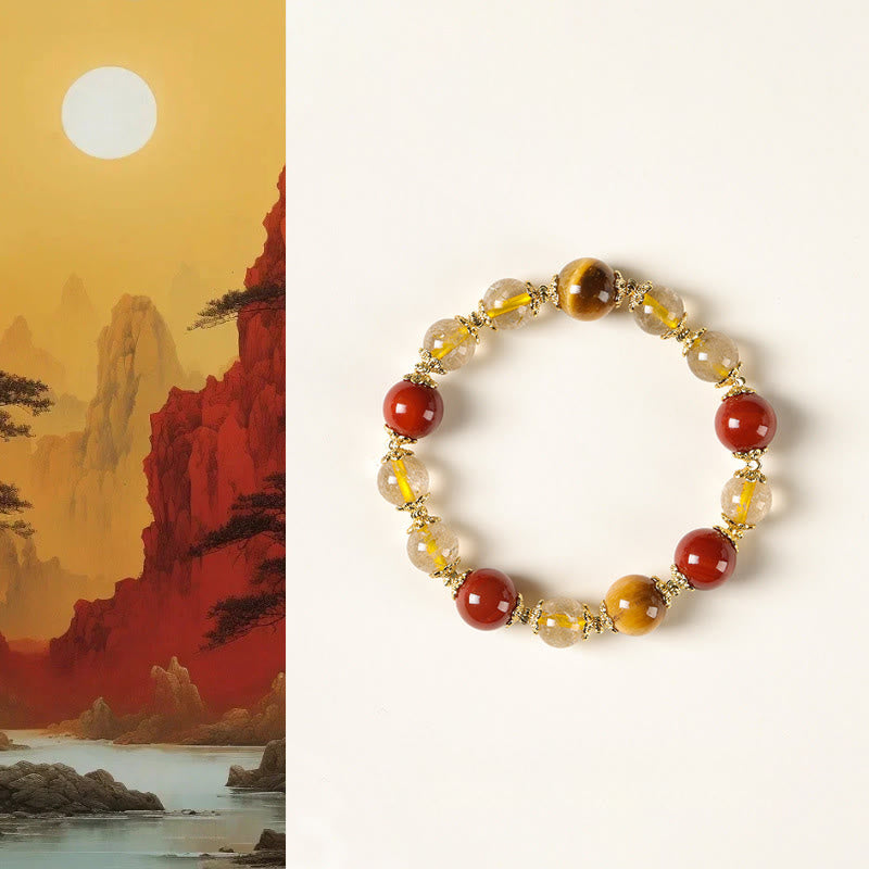 Bracciale della ricchezza con perle di occhio di tigre, quarzo rutilato dorato naturale Buddha Stones - Quarzo rutilato (circonferenza del polso: 15-16 cm) - image 0