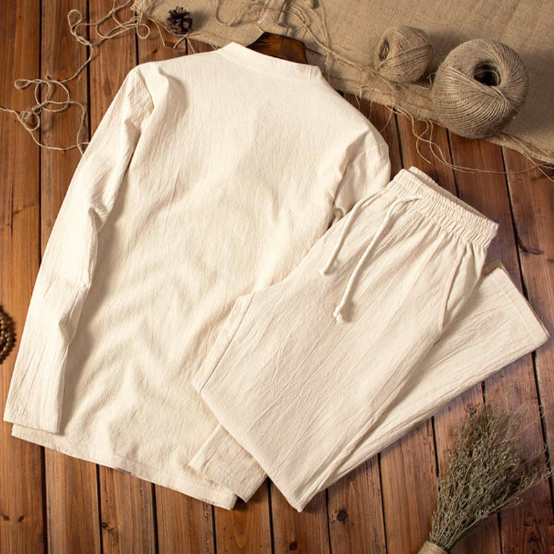 Set di abbigliamento da uomo con pantaloni e maglietta a maniche lunghe in cotone e lino color puro Buddha Stones - image 2