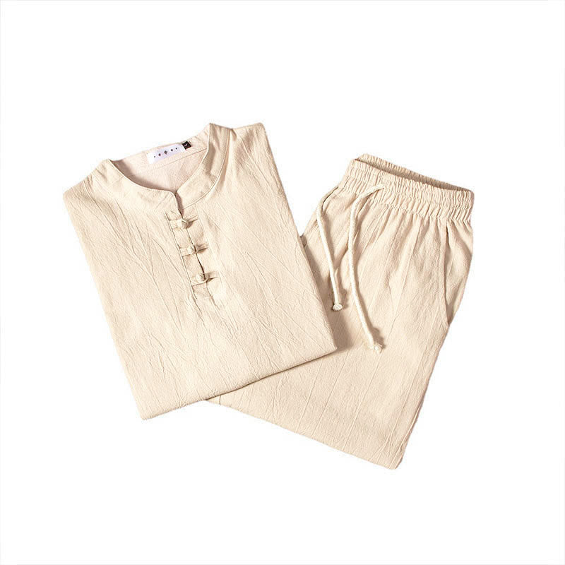 Set di abbigliamento da uomo con pantaloni e maglietta a maniche lunghe in cotone e lino color puro Buddha Stones - image 7