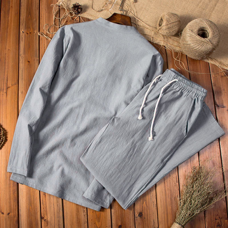 Set di abbigliamento da uomo con pantaloni e maglietta a maniche lunghe in cotone e lino color puro Buddha Stones - image 9