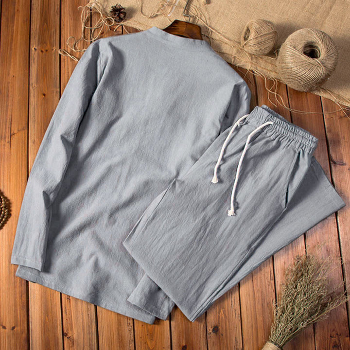 Set di abbigliamento da uomo con pantaloni e maglietta a maniche lunghe in cotone e lino color puro Buddha Stones - image 9