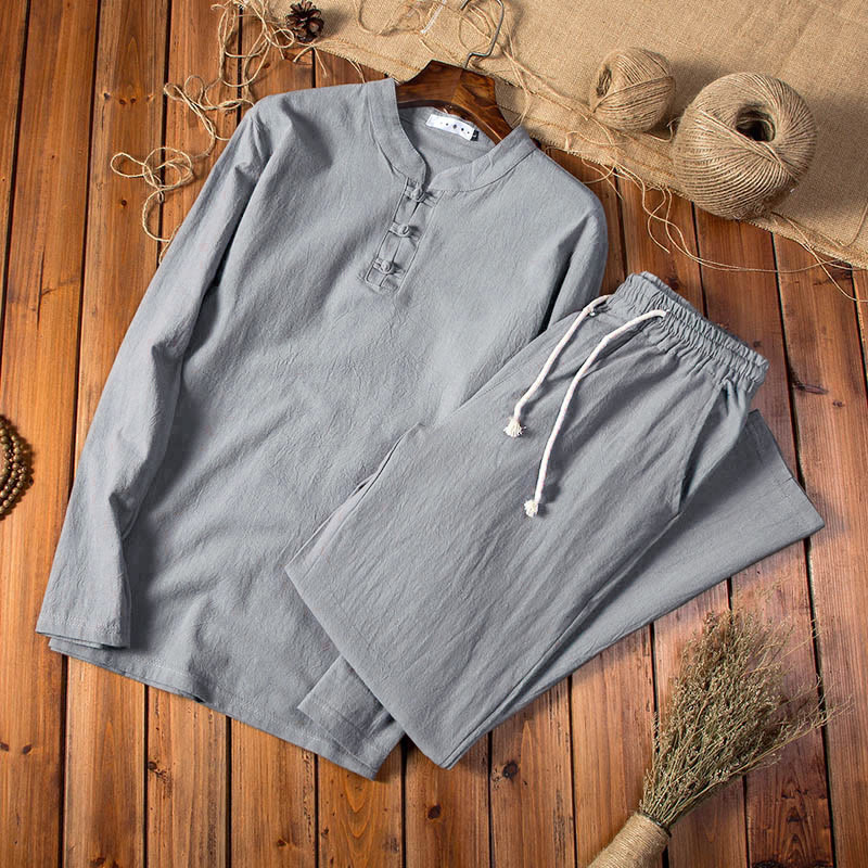 Set di abbigliamento da uomo con pantaloni e maglietta a maniche lunghe in cotone e lino color puro Buddha Stones - Grigio scuro - US/UK/AU44, EU54 (5XL) - image 8