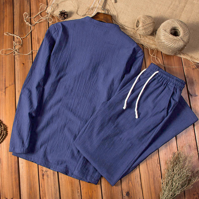 Set di abbigliamento da uomo con pantaloni e maglietta a maniche lunghe in cotone e lino color puro Buddha Stones - image 13