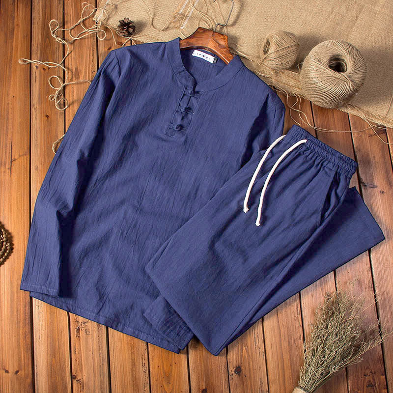 Set di abbigliamento da uomo con pantaloni e maglietta a maniche lunghe in cotone e lino color puro Buddha Stones - Blu notte - US/UK/AU44, EU54 (5XL) - image 12