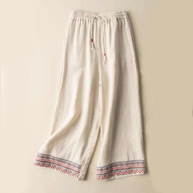 Pantaloni larghi in cotone con tasche da donna, a righe bohémien semplici, con Buddha Stones - Beige - US14, UK/AU18, EU46 (4XL) - image 1