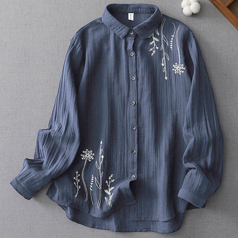 Camicia da donna in cotone a maniche lunghe con bottoni e fiori di tarassaco autunnali Buddha Stones - SteelBlue - US14, UK/AU18, EU46 (3XL) - image 4