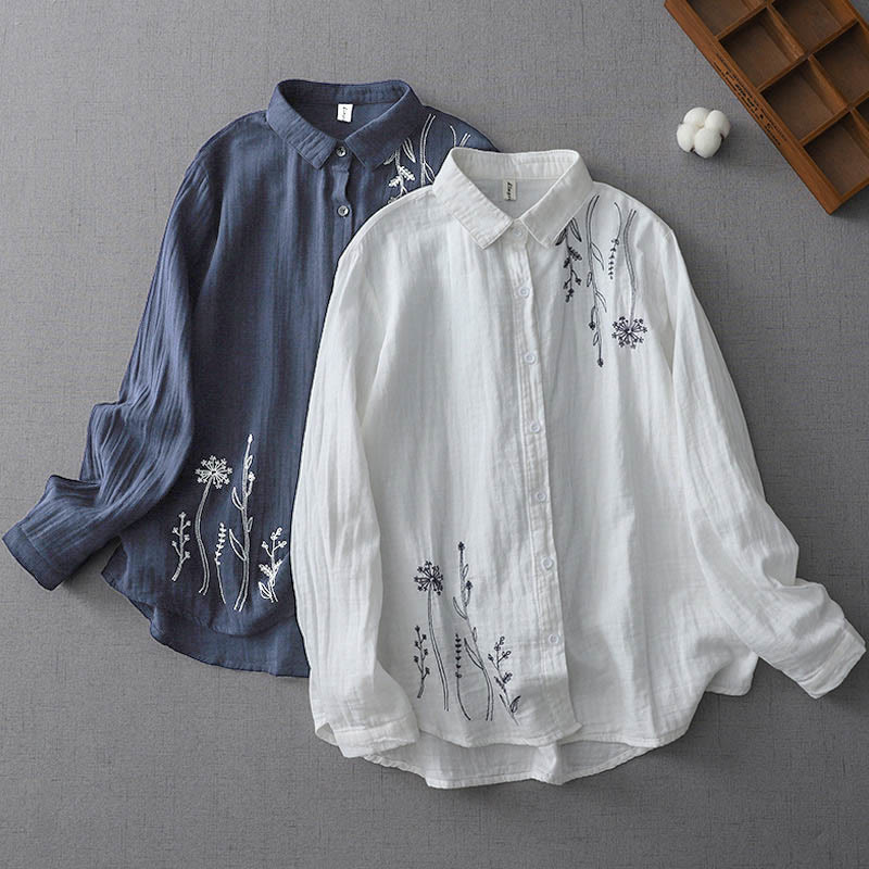 Camicia da donna in cotone a maniche lunghe con bottoni e fiori di tarassaco autunnali Buddha Stones - image 0