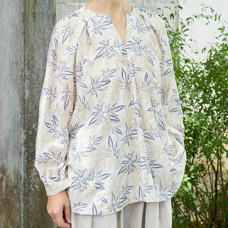 Maglietta da donna a maniche lunghe con motivo a tacche, motivo Buddha Stones, blu e beige, per anziani - image 1
