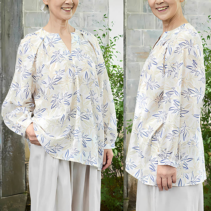 Maglietta da donna a maniche lunghe con motivo a tacche, motivo Buddha Stones, blu e beige, per anziani - image 9