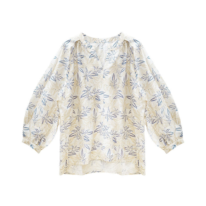 Maglietta da donna a maniche lunghe con motivo a tacche, motivo Buddha Stones, blu e beige, per anziani - image 5