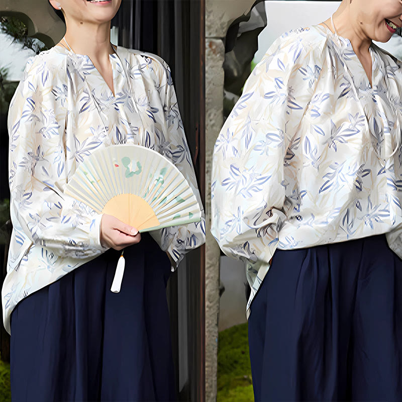 Maglietta da donna a maniche lunghe con motivo a tacche, motivo Buddha Stones, blu e beige, per anziani - image 22