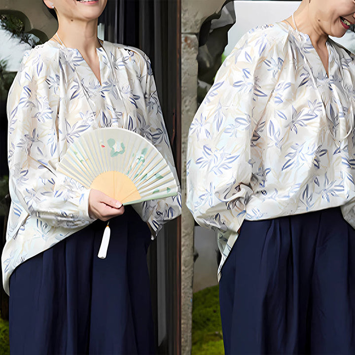 Maglietta da donna a maniche lunghe con motivo a tacche, motivo Buddha Stones, blu e beige, per anziani - image 22