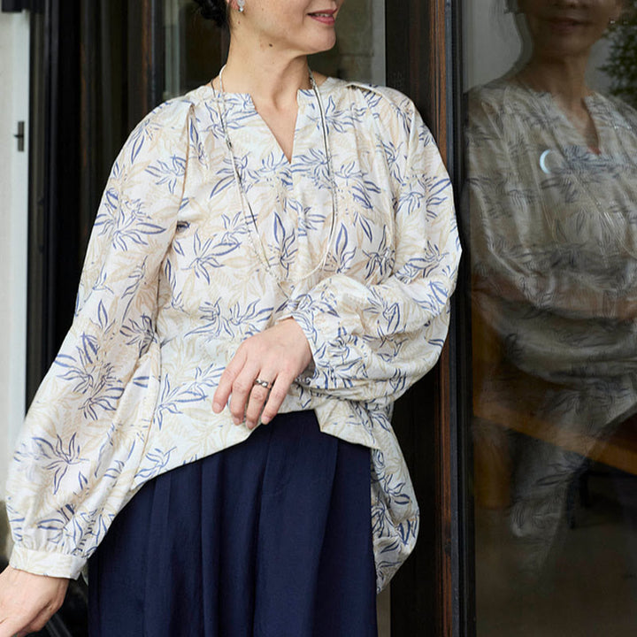 Maglietta da donna a maniche lunghe con motivo a tacche, motivo Buddha Stones, blu e beige, per anziani - image 20