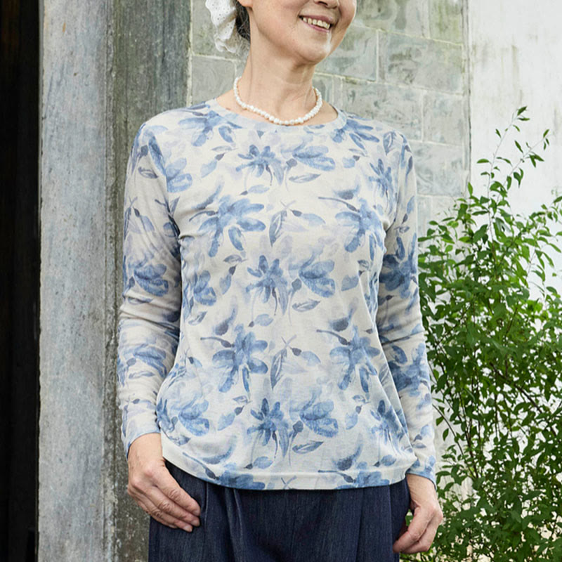 Maglietta a maniche lunghe da donna con motivo floreale blu autunnale Buddha Stones per anziani - image 1