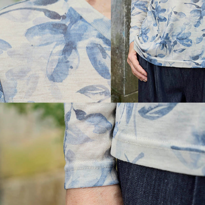 Maglietta a maniche lunghe da donna con motivo floreale blu autunnale Buddha Stones per anziani - image 13