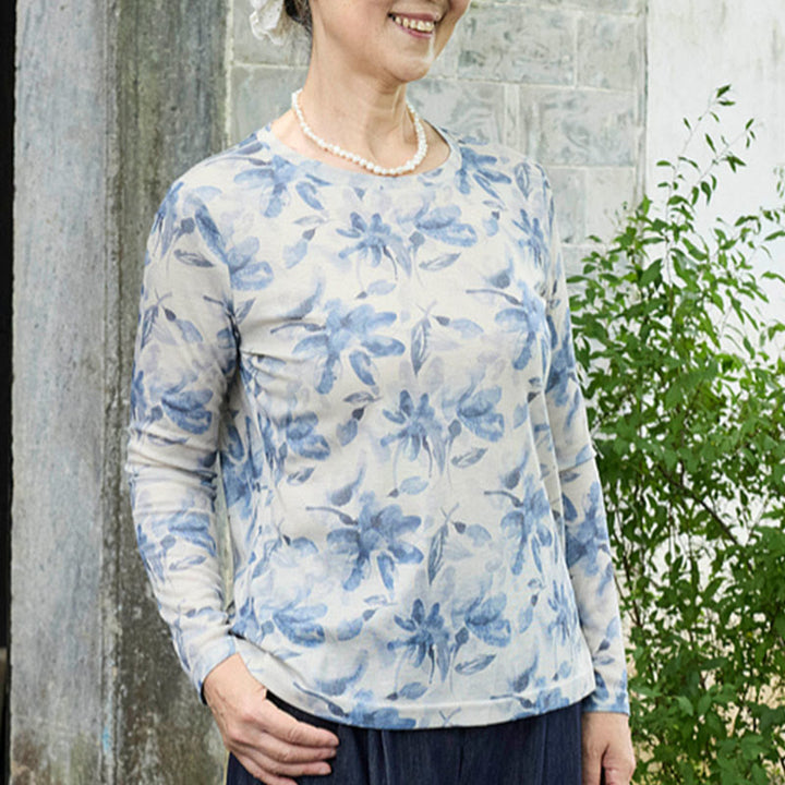 Maglietta a maniche lunghe da donna con motivo floreale blu autunnale Buddha Stones per anziani - image 5