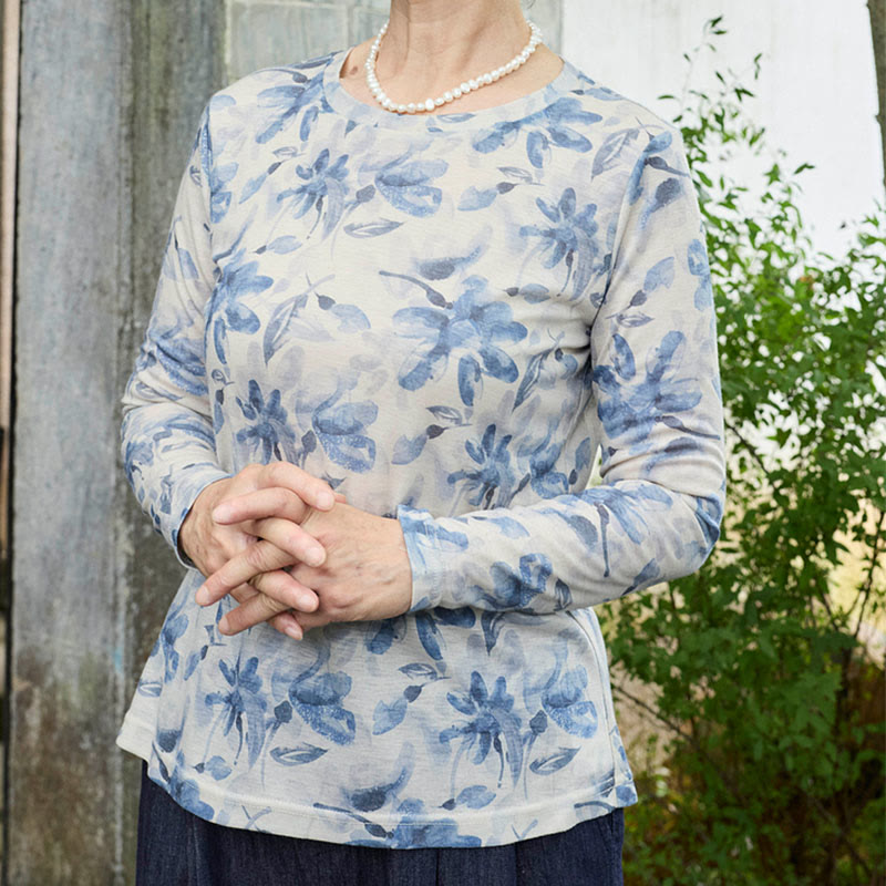 Maglietta a maniche lunghe da donna con motivo floreale blu autunnale Buddha Stones per anziani - image 4