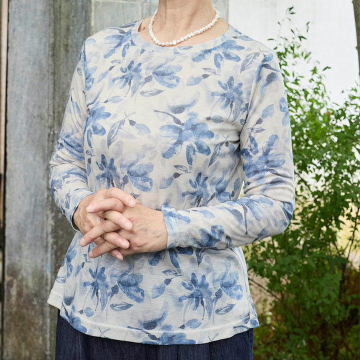 Maglietta a maniche lunghe da donna con motivo floreale blu autunnale Buddha Stones per anziani - image 4