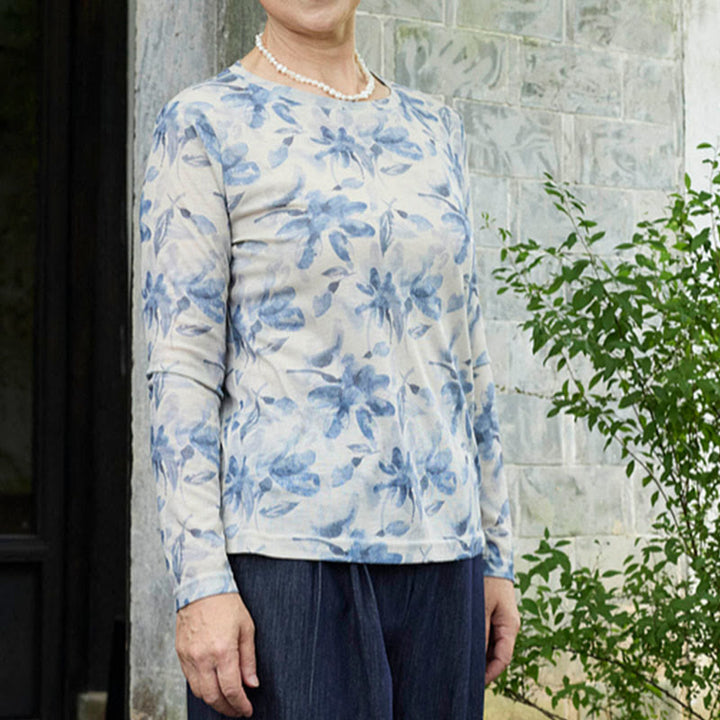 Maglietta a maniche lunghe da donna con motivo floreale blu autunnale Buddha Stones per anziani - image 7