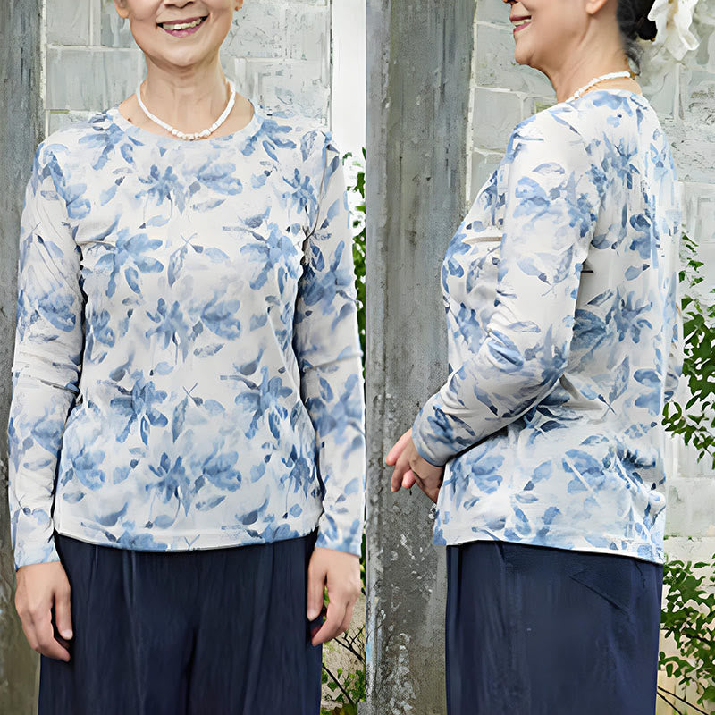 Maglietta a maniche lunghe da donna con motivo floreale blu autunnale Buddha Stones per anziani - image 8