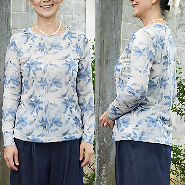 Maglietta a maniche lunghe da donna con motivo floreale blu autunnale Buddha Stones per anziani - image 8