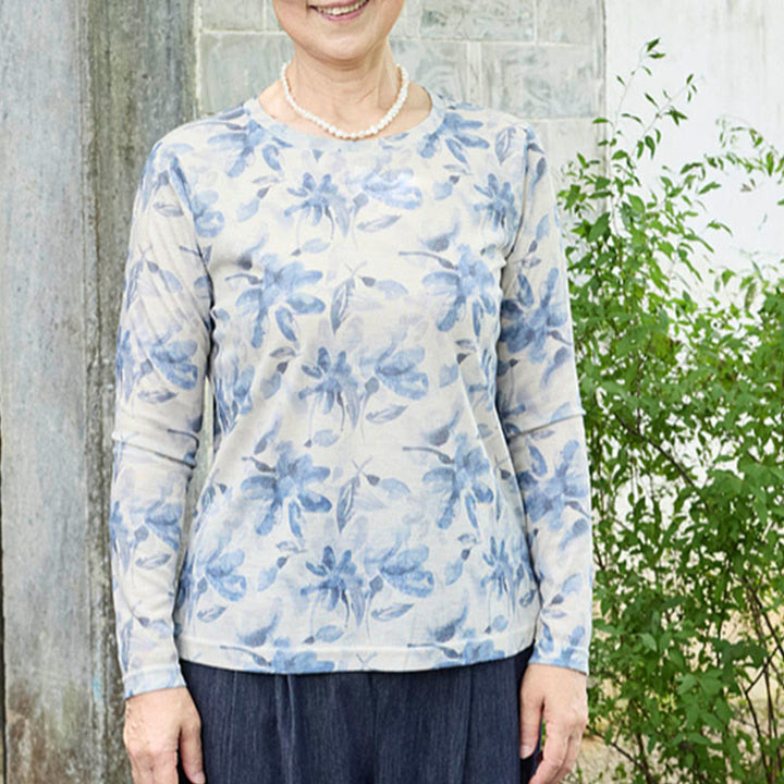 Maglietta a maniche lunghe da donna con motivo floreale blu autunnale Buddha Stones per anziani - image 3