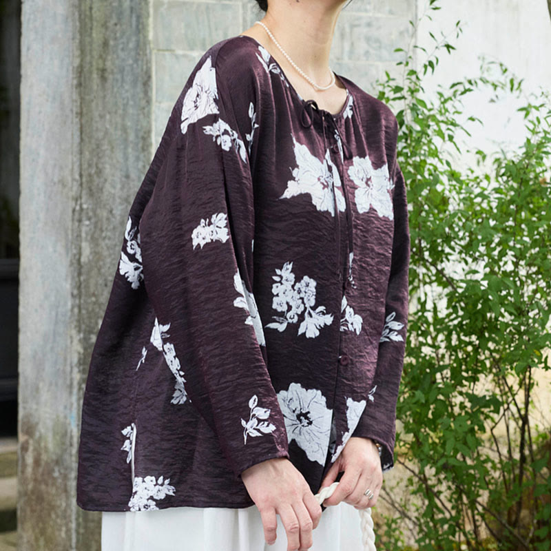 Camicia da donna a maniche lunghe con bottoni, motivo floreale nero con Buddha Stones, per anziani - image 2