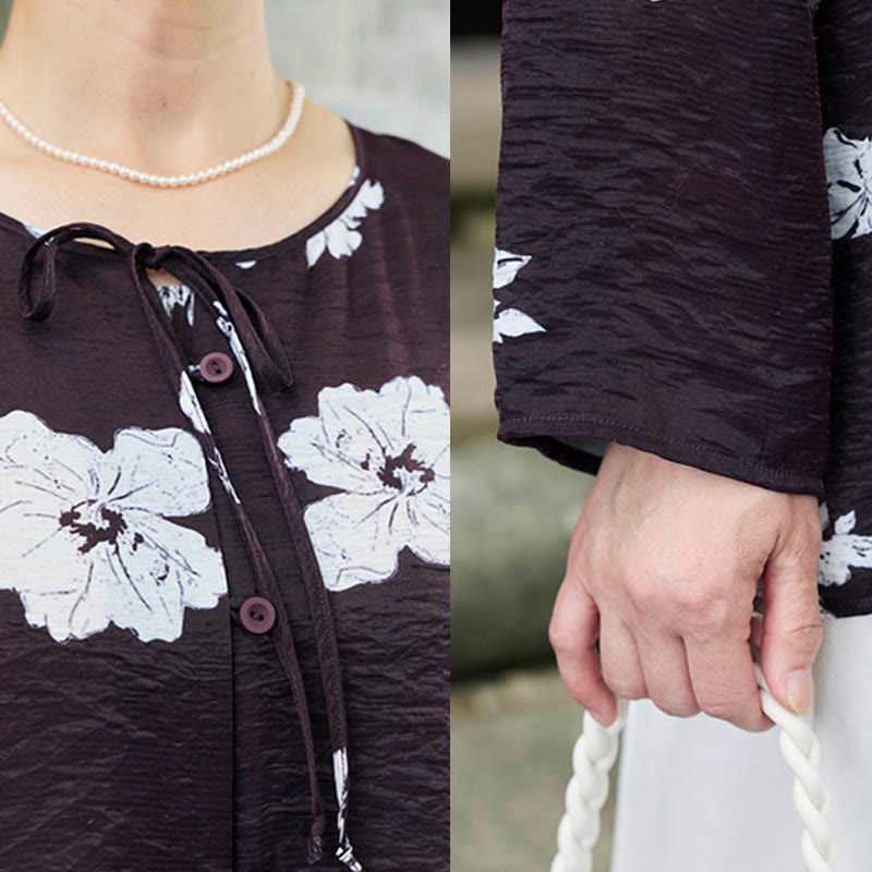 Camicia da donna a maniche lunghe con bottoni, motivo floreale nero con Buddha Stones, per anziani - image 6