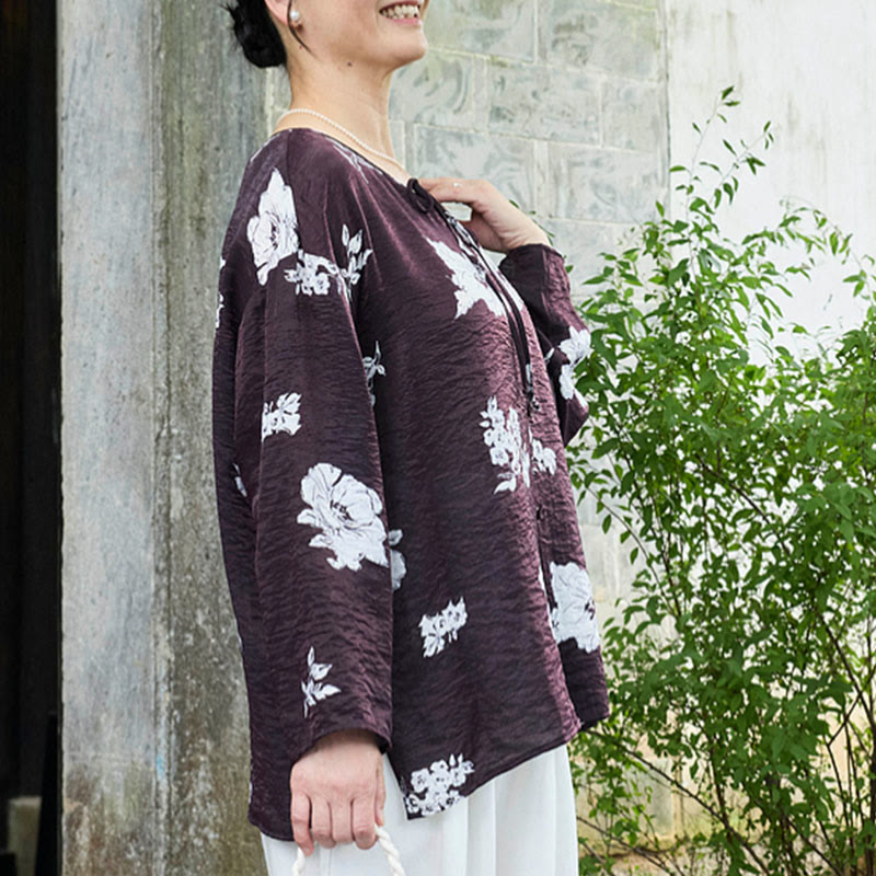Camicia da donna a maniche lunghe con bottoni, motivo floreale nero con Buddha Stones, per anziani - image 3
