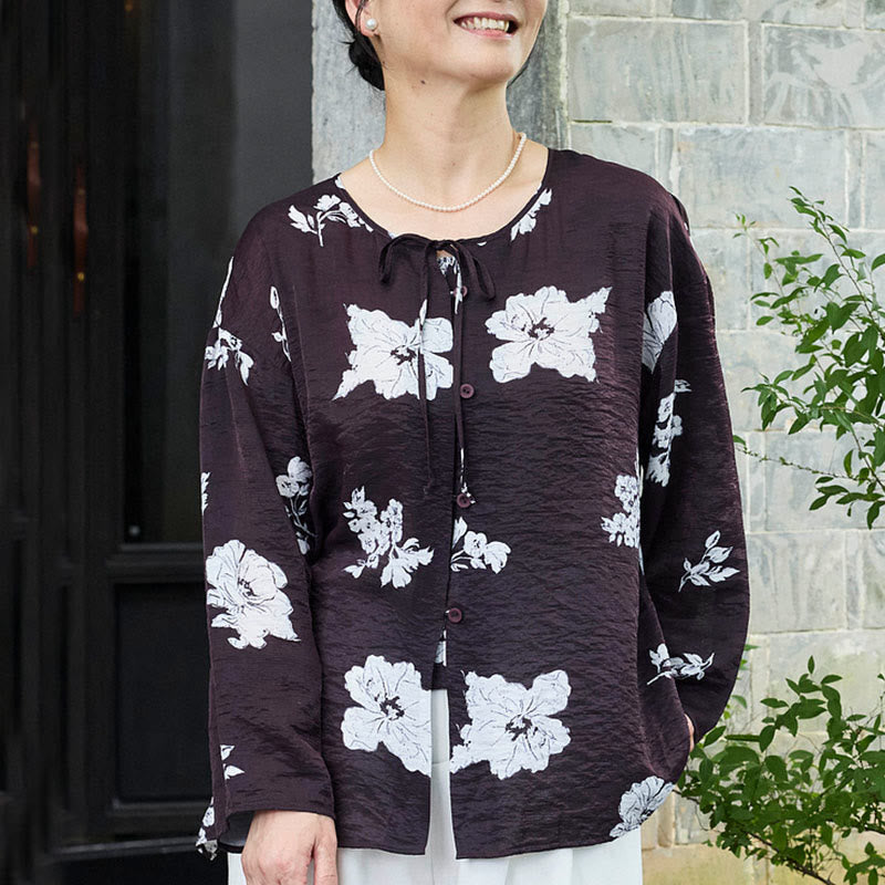 Camicia da donna a maniche lunghe con bottoni, motivo floreale nero con Buddha Stones, per anziani - image 5