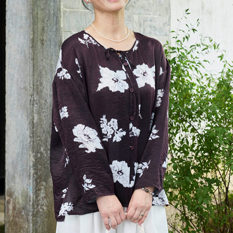 Camicia da donna a maniche lunghe con bottoni, motivo floreale nero con Buddha Stones, per anziani - image 1