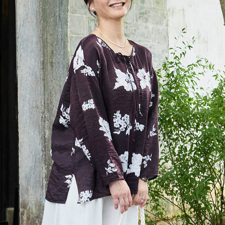 Camicia da donna a maniche lunghe con bottoni, motivo floreale nero con Buddha Stones, per anziani - image 4