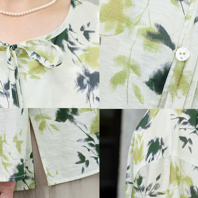 Camicia da donna a maniche lunghe con bottoni, lacci e foglie floreali verdi, per anziani, Buddha Stones - image 13