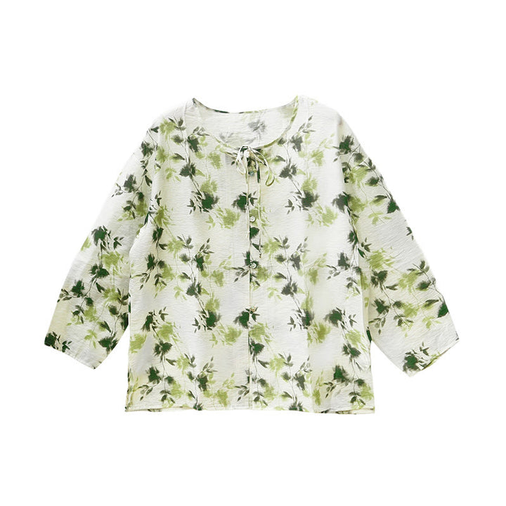 Camicia da donna a maniche lunghe con bottoni, lacci e foglie floreali verdi, per anziani, Buddha Stones - image 5