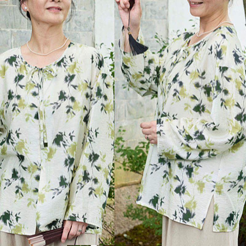 Camicia da donna a maniche lunghe con bottoni, lacci e foglie floreali verdi, per anziani, Buddha Stones - image 12